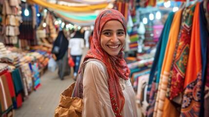 Fototapeta premium A smiling woman in a vibrant market filled with textiles and colors.