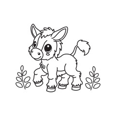 illustration of Black And White Coloring Book With Bold Lines, Cute Animal Donkey