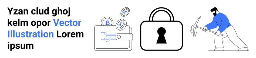 Digital wallet with cryptocurrency coins, large lock symbolizing cybersecurity, person mining with a pickaxe. Ideal for financial security, blockchain technology, cryptocurrency transactions, data