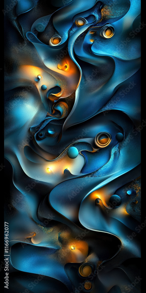 Poster an abstract composition of swirling blue and orange hues, blending seamlessly to create a visually c
