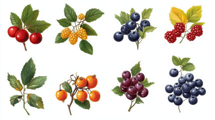 Cartoon berries vector sea buckthorn, black chokeberry and cherry. Blueberry, hawthorn and lingonberry with bird cherry, honeyberry and viburnum. Grape, rowanberry, gooseberry and rose hip berries