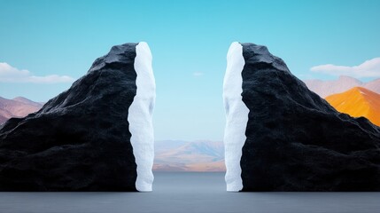 Two contrasting rock formations against a serene landscape backdrop.