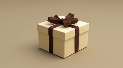 Obraz premium Elegant beige gift box with brown ribbon on neutral background.