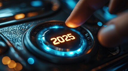 Hand Pressing a Glowing 2025 Button – Futuristic Technology Concept