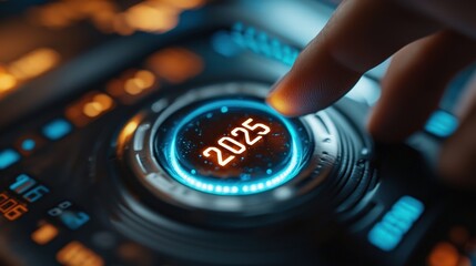 Hand Pressing a Glowing 2025 Button – Futuristic Technology Concept