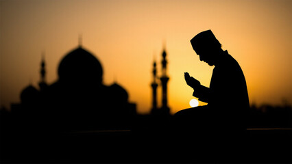 silhouette of a muslim man praying with a blurry mosque and sunset background