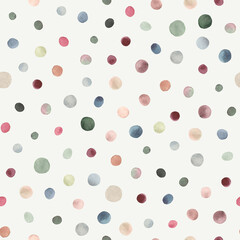 Seamless polka pattern, watercolor abstract background with scattered colored circle spots. © Nikole
