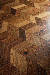 Rich brown oak herringbone parquet, intricate wood grain, rustic, brown, high resolution