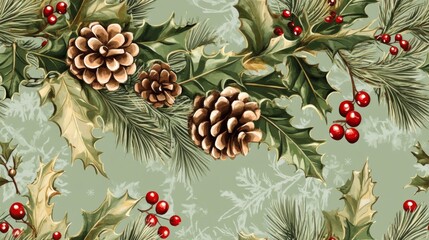 Obraz premium Festive seamless pattern of mistletoe, holly, and pine cones for the holidays
