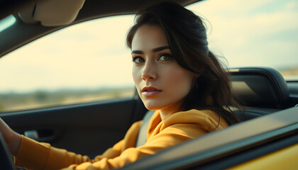Portrait of female driver, cinematic. isolated with white highlights
