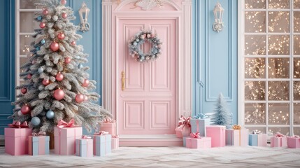 Backdrop digital photography, Christmas door, pink and blue themed entrance. Tree and gifts. Rococo colors.