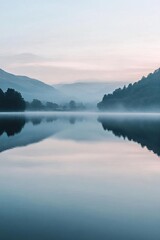 Fototapeta premium Serene lake view at dawn with mist and reflections of surrounding hills.