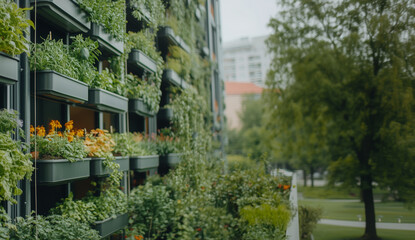 Vertical garden on modern building facade in urban setting
