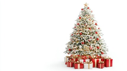 Obraz premium A beautifully decorated Christmas tree with presents underneath, isolated on a white background, evoking the joy and warmth of New Year celebrations.