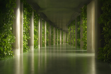 serene corridor lined with lush greenery and smooth concrete pillars, creating tranquil atmosphere. interplay of light and plants evokes sense of calm and connection to nature