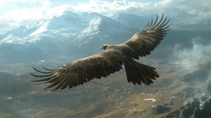 A beautiful and rare golden eagle soaring above the rugged mountains, its wings spread wide as it surveys the vast wilderness below.