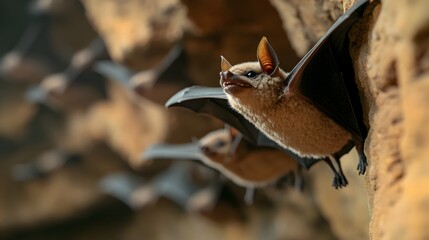 Obraz premium A colony of bats roosting in a dimly lit cave their numbers regulated by the presence of pheromones A swarm of small winged creatures cling to the cave walls and ceilings