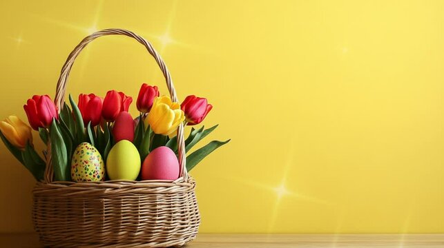 Easter eggs with tulip flowers in yellow pastel background copy space for text greeting Easter day.