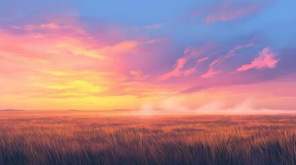 Obraz premium A breathtaking view of the Serengeti at sunrise, with soft mist lingering over the grassy plains under a vibrant sky.