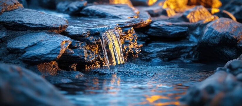 Breathtaking view of a frozen waterfall cascading over rugged icy rocks with the warm glow of the setting sun illuminating the scene
