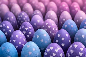 A close-up of colorful Easter eggs with heart patterns, arranged in rows and columns, creating an enchanting pattern. The background is a gradient from purple to blue