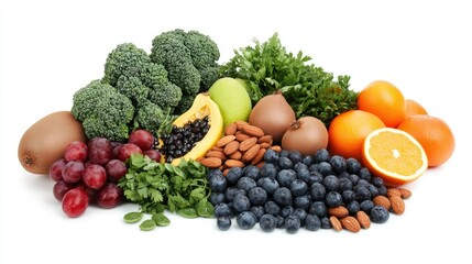 A clean white background with a paper bag overflowing with healthy fruits, vegetables, and nuts, with space for a text banner promoting a balanced diet.