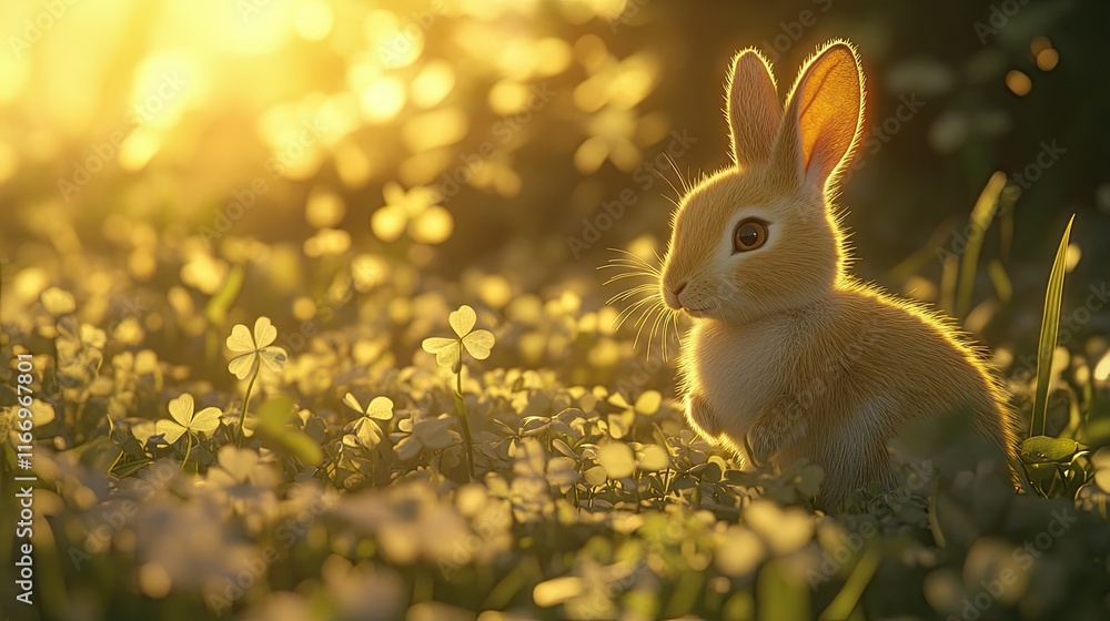 Poster a close-up of a european rabbit sitting in a patch of clover, its soft fur illuminated by golden hou