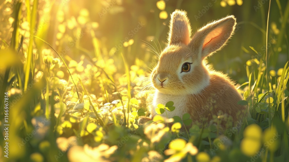 Poster a close-up of a european rabbit sitting in a patch of clover, its soft fur illuminated by golden hou