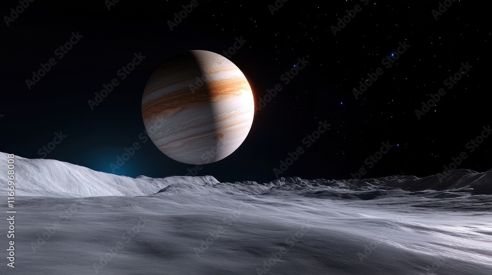 Poster a stunning view of jupiter from a moon's surface in space.
