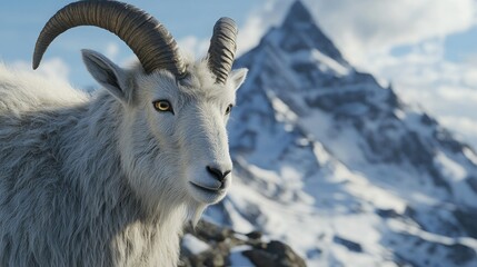 Fototapeta premium A close-up of a mountain goat's face, showing its curved horns and textured fur, with a snowy peak in the background.
