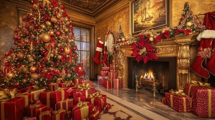 A beautiful Christmas tree decorated in red and gold, with gifts wrapped in matching colors, and a fireplace with stockings hanging, creating a traditional holiday setting.