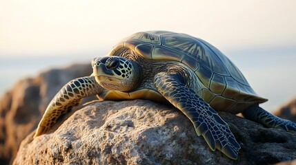 Green Sea Turtle Resting on Rocky Shore