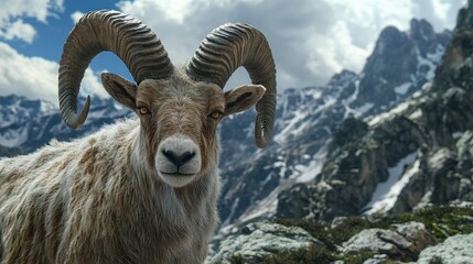 Obraz premium A close-up of a male Iberian ibex, focusing on its large, curved horns and textured fur, with the mountains of the Sierra de Gredos in the background.