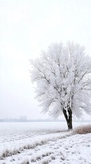 A solitary tree covered in frost stands in a snowy landscape.