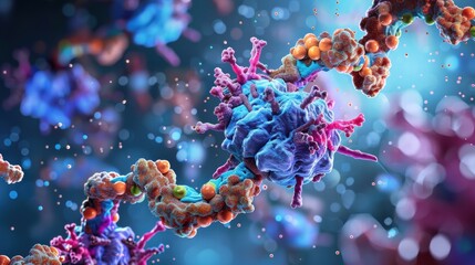 High-tech 3D enzyme protein bond visualization, glowing vibrant molecules