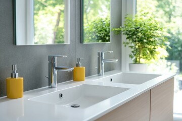 Modern bathroom with double sinks and natural light in a bright and airy environment