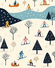 Colorful winter sports scene with skiers and trees.