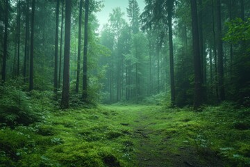 Obraz premium Lush green forest pathway surrounded by tall trees in early morning mist