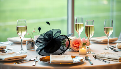 Horse racing Racing Day Luncheon fine dining table setting with small black fascinator hat, decorations and champagne, with copy space, smooth light. isolated with white highlights