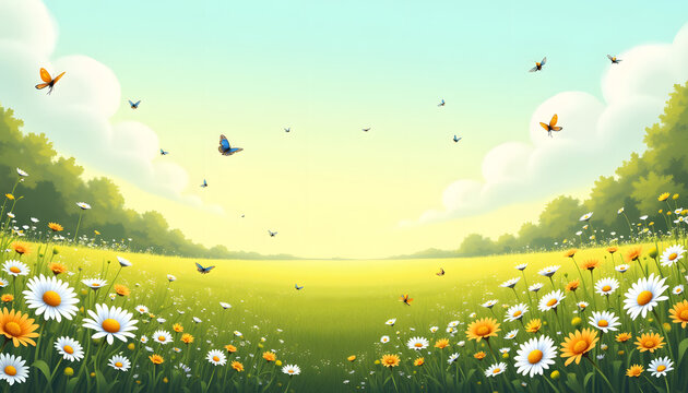 Blooming Meadows: A spacious meadow covered with wildflowers, with butterflies and bees flitting among the flowers.