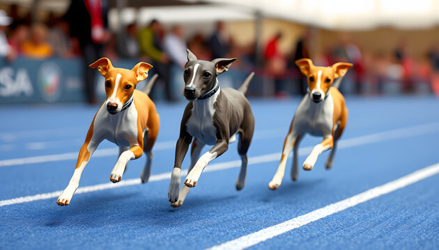Three whippet dogs running at racing competion, origami. isolated with white highlights