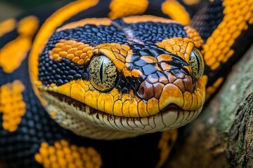 Fototapeta premium Close-up, vibrant snake; black, yellow scales.