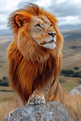 Obraz premium Majestic Lion Standing on a Scenic Hill at Sunset