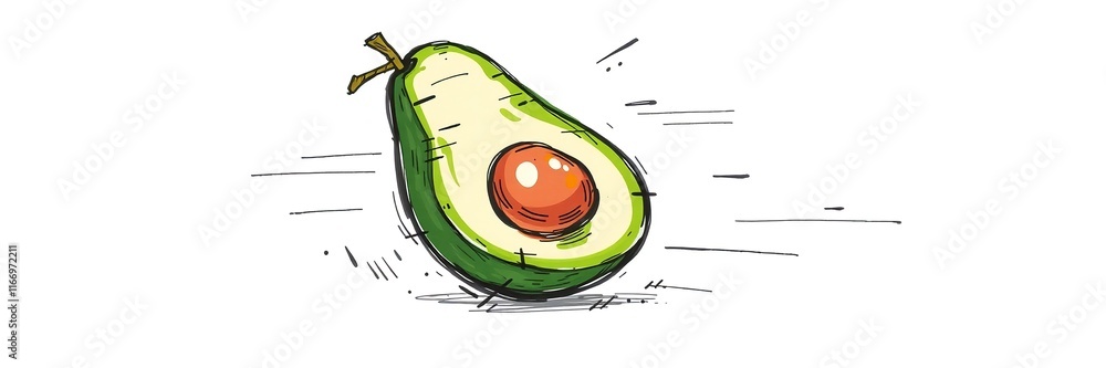 Poster dynamic color sketch of an avocado in motion capturing vibrant energy and playful style