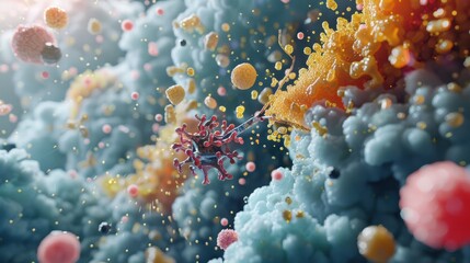 High-tech 3D enzyme protein bond visualization, glowing vibrant molecules