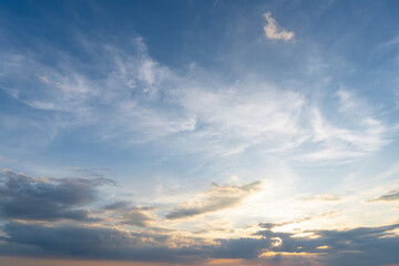 Beautiful morning or evening blue and orange sky with cloudy while sunsets or sunrises taken at the sea used as natural blackground texture