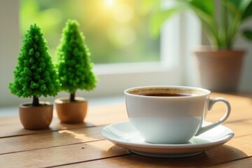 Coffee in White Cup Next To Small Trees And Green Leaf Vase On Wooden Table , vase, interior