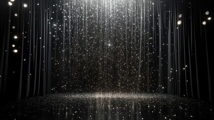 black stgae showcase with white light and silver glittering lights on black curtain background in dark room
