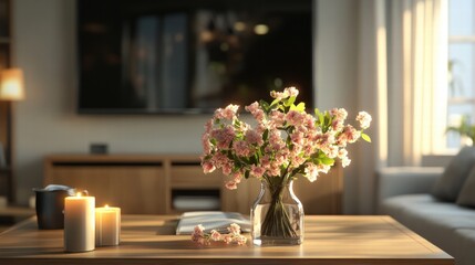 Obraz premium Creating a Cozy Home Atmosphere with Modern Lighting and Candles Living Room Interior Design Warm Environment Inviting View Cozy Concept