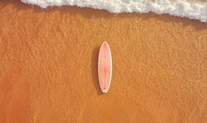 A single surfboard lying on golden sand, waves gently rolling in the background